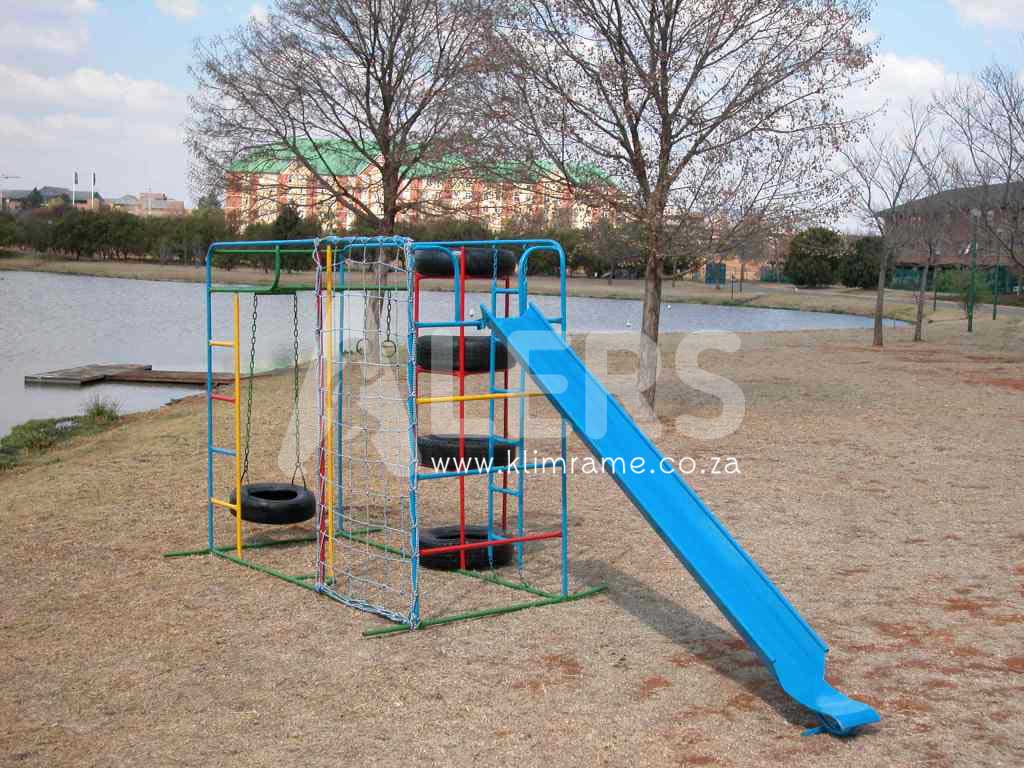 Senior Tyre Tunnel Jungle Gym + 3m Steel Slide + Swing Attachment With 2 Tyre Swings 